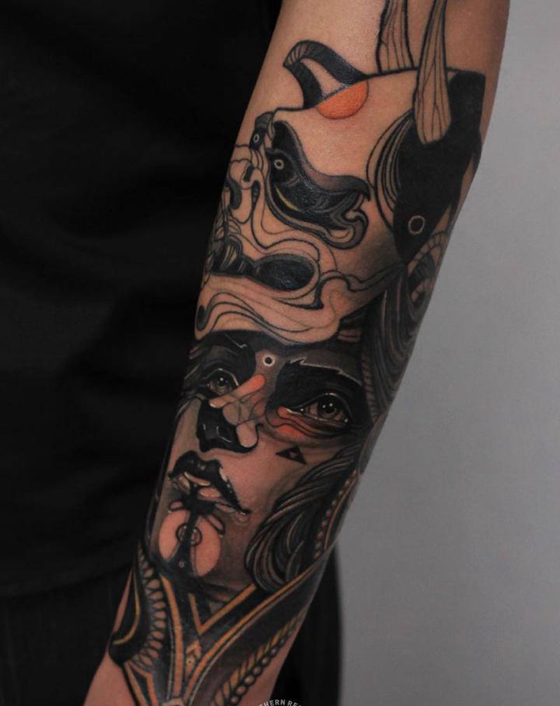 般若女郎纹身图片_手臂New School女郎般若纹身图案