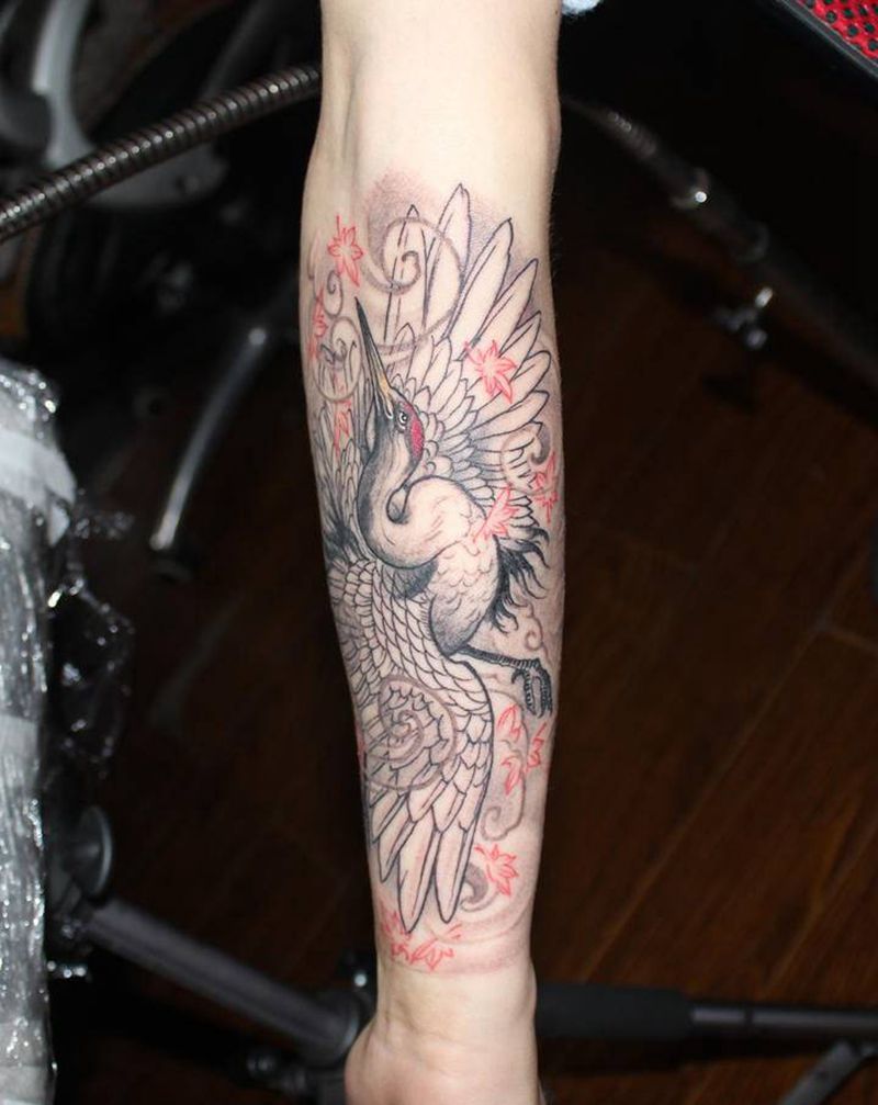 仙鹤，艺伎（旧纹身修改）纹身图片_手臂新传统水墨仙鹤艺伎修改纹身图案