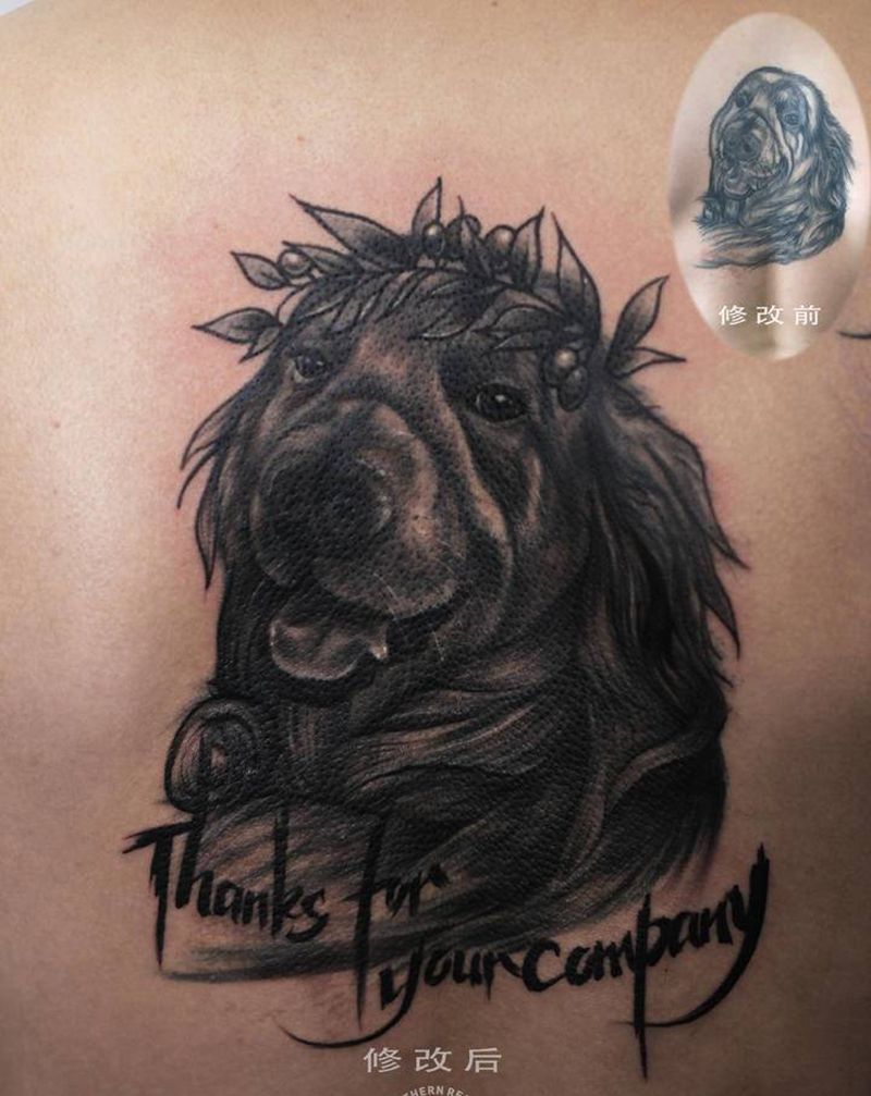 老旧纹身修改纹身图片_背部修改狗狗纹身图案