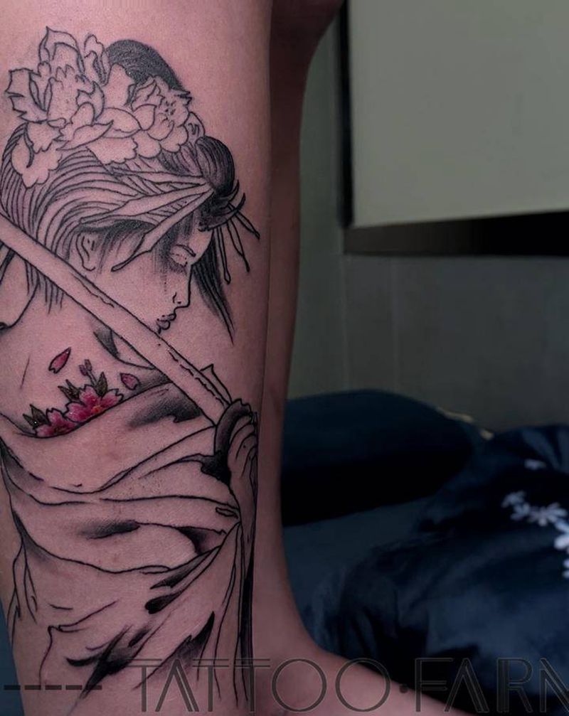 艺伎大砍刀纹身图片_腿部老传统纹身图案