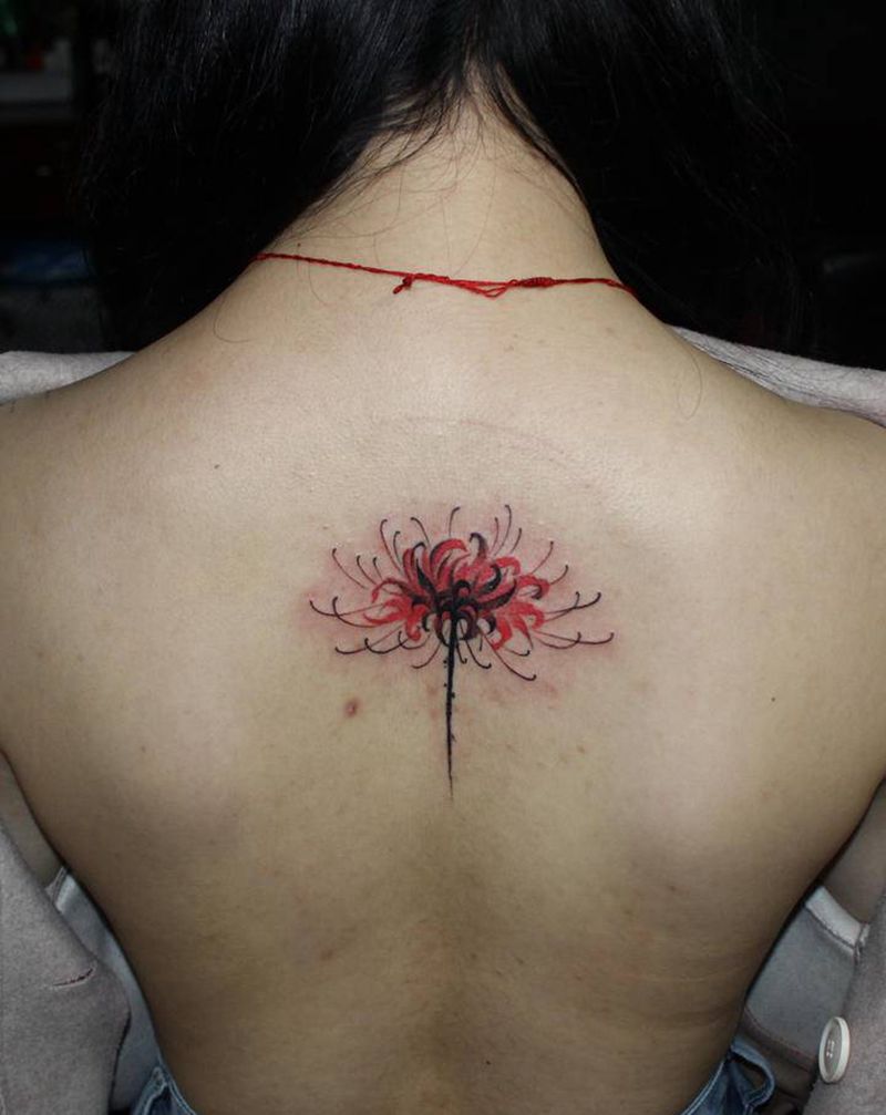 彼岸花纹身图片_背部新传统欧美写实彼岸花纹身图案