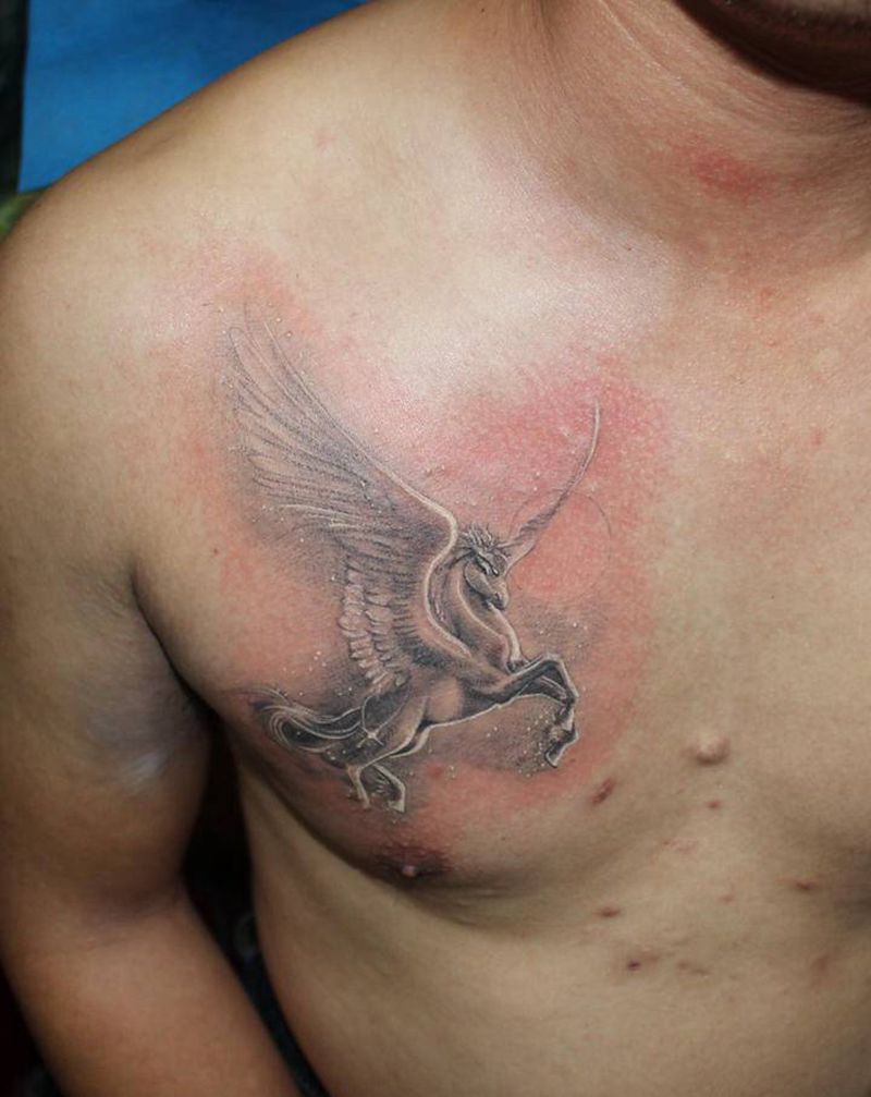 天马纹身图片_胸部欧美写实New School天马纹身图案