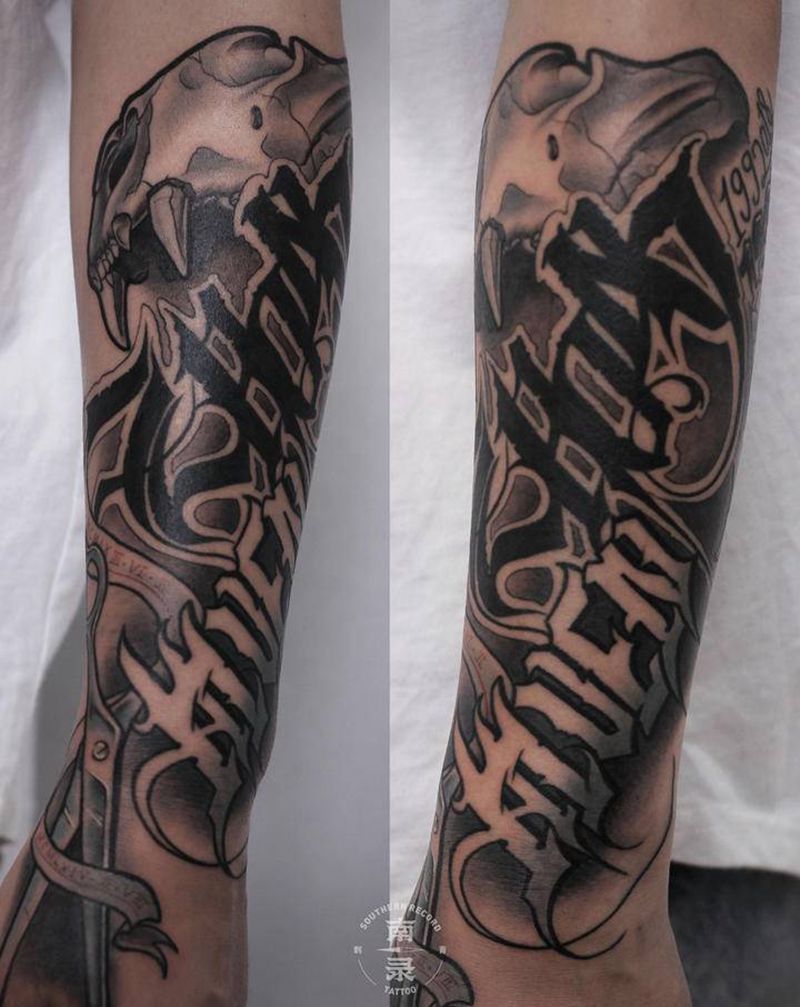 手头活儿纹身图片_手臂New School花体字剪刀纹身图案