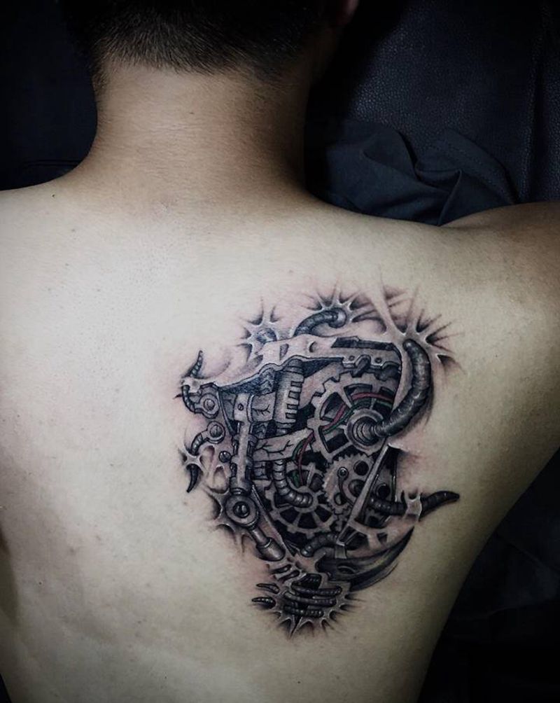 机械纹身图片_肩部背部欧美写实机械3d立体纹身图案