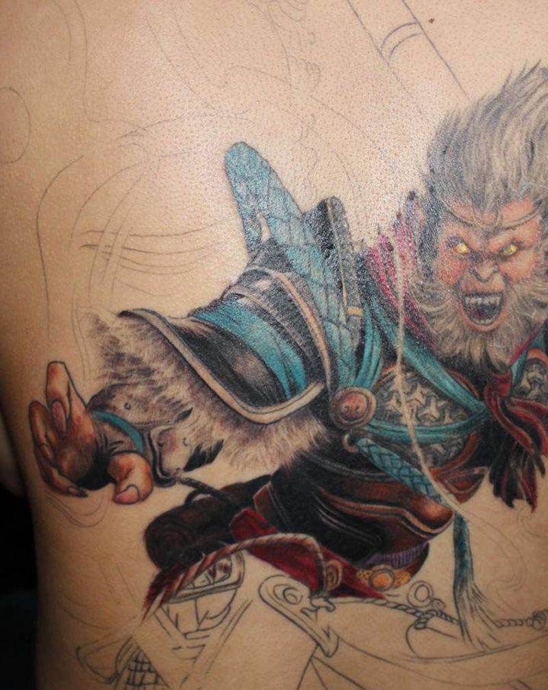 斗战胜佛纹身图片_背部新传统欧美写实孙悟空齐天大圣斗战胜佛纹身图案