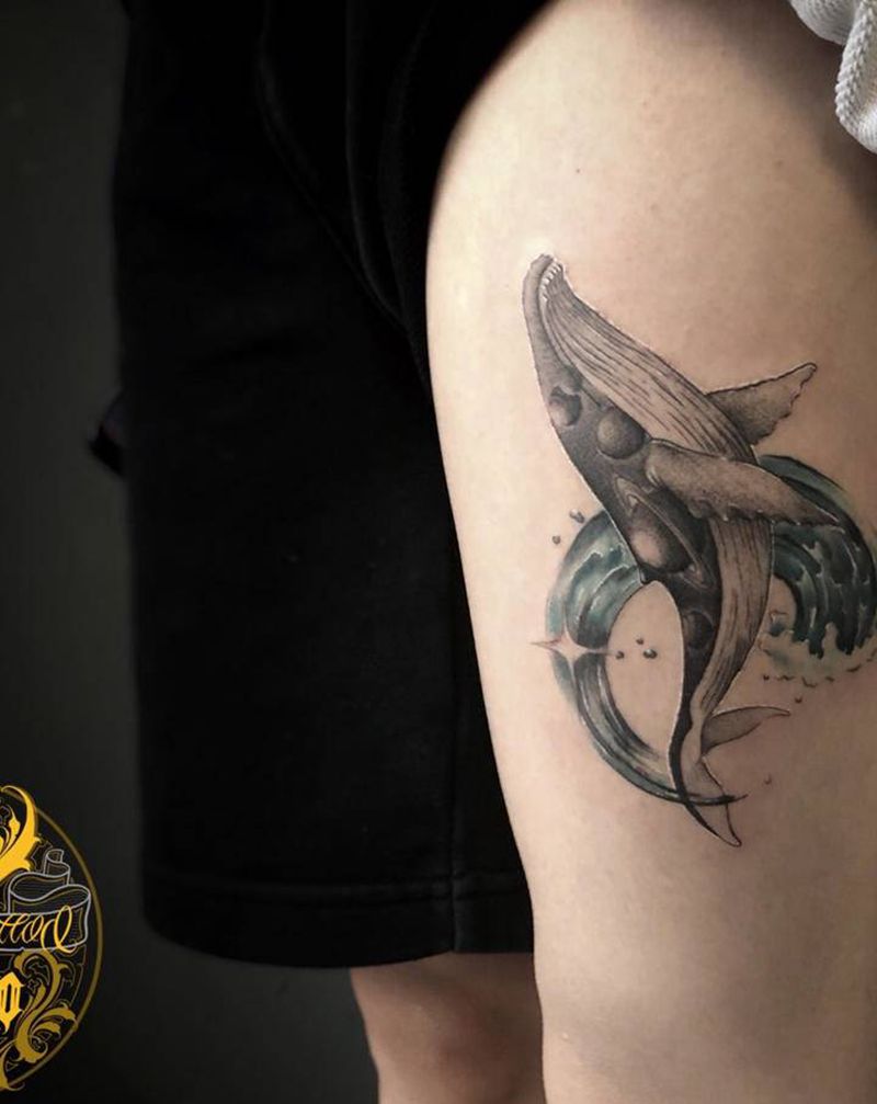 鲸纹身图片_腿部点刺纹身图案