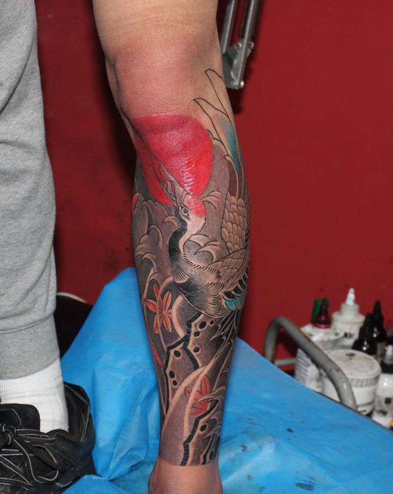 鹤 包小腿纹身图片_腿部新传统老传统仙鹤包小腿日式纹身图案