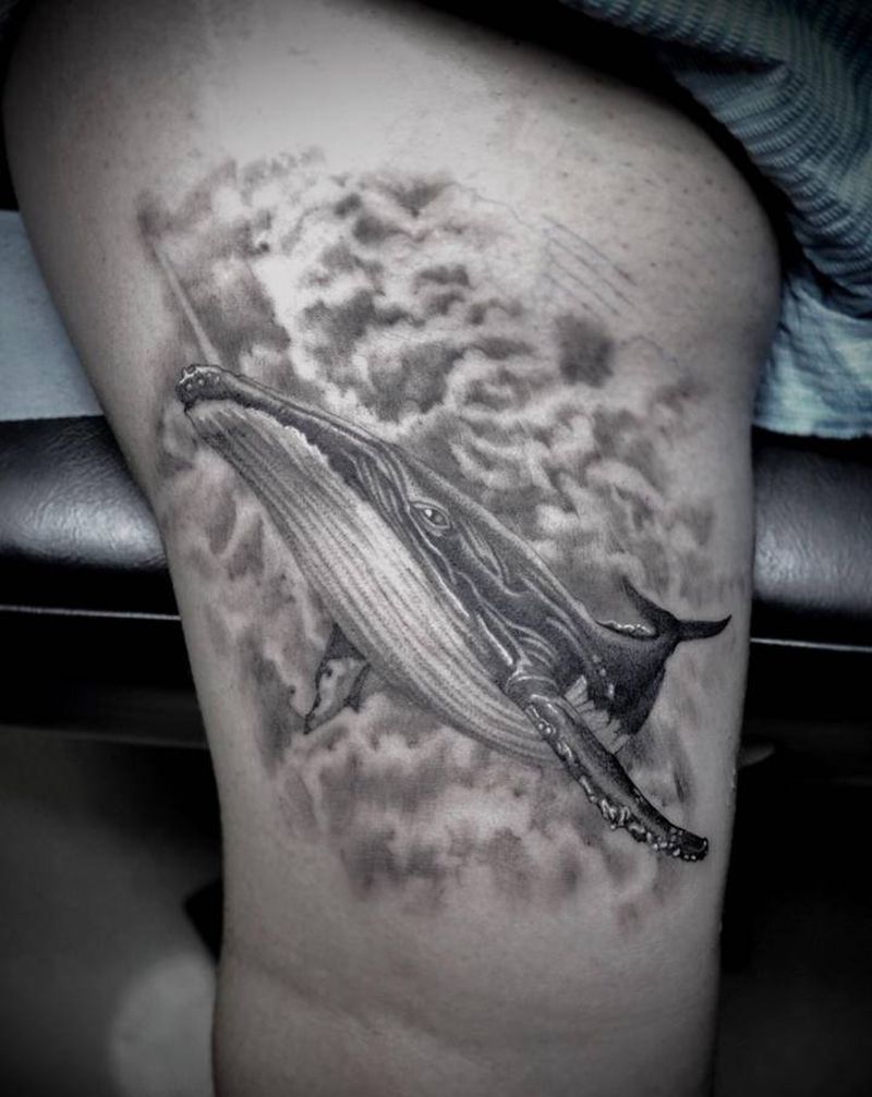 黑灰写实鲸鱼纹身图片_手臂欧美写实鲸鱼云花臂纹身图案