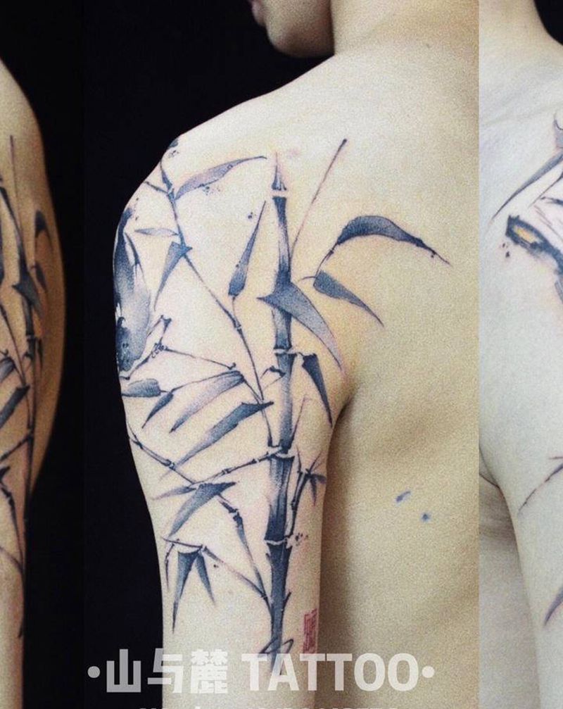 竹纹身图片_手臂水墨竹子中国风鸟纹身图案