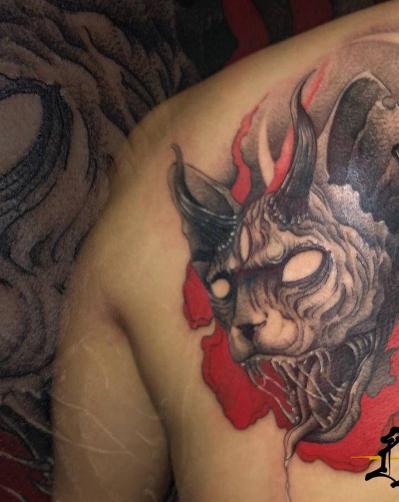 暗黑斯芬克斯纹身图片_肩部纹身图案