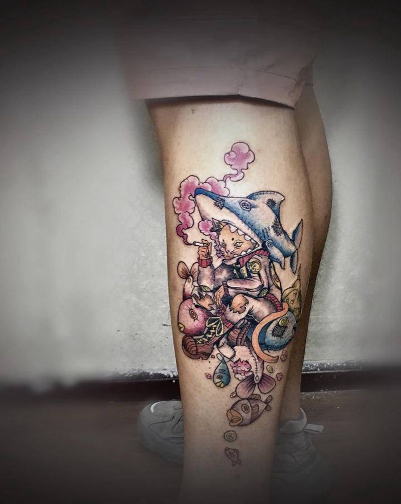 猫纹身图片_腿部手臂New School水彩布偶鱼原创纹身图案