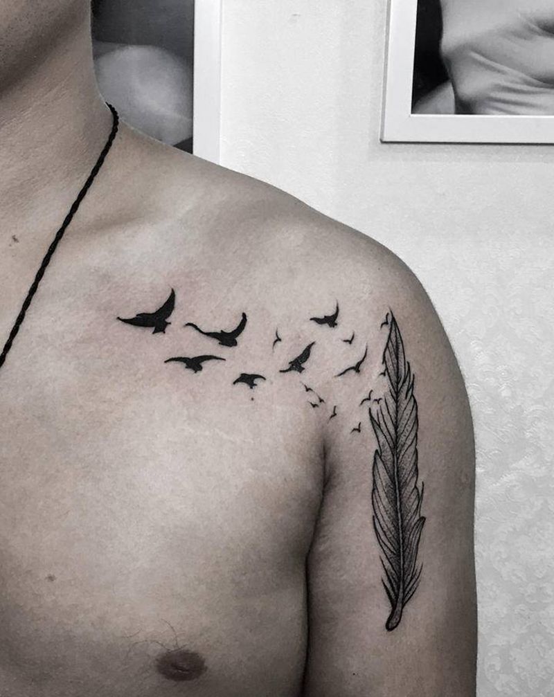 羽毛纹身图片_肩部胸部点刺图腾纹身图案