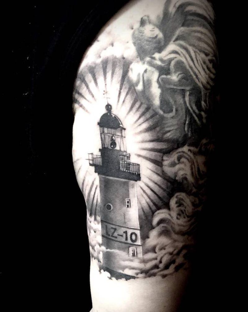 灯塔纹身图片_手臂欧美写实灯塔写实花臂纹身图案