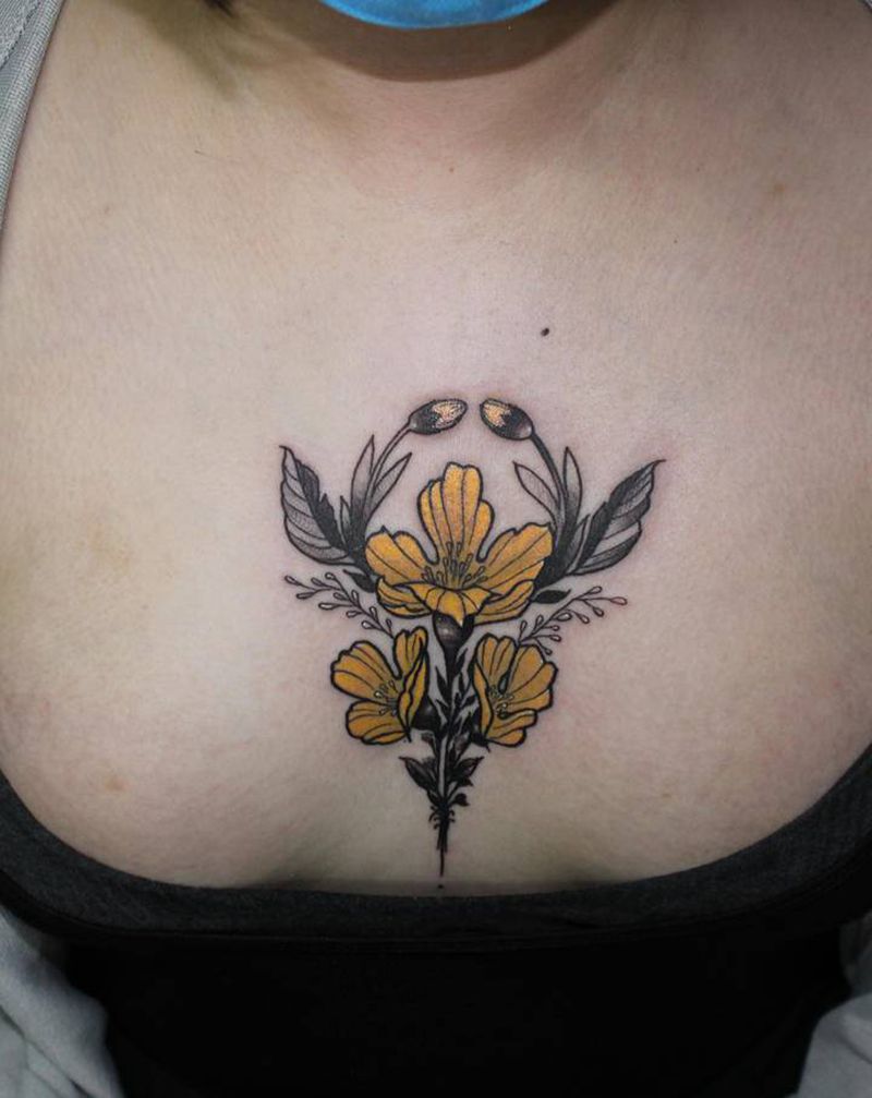 小黄花纹身图片_胸部新传统New School花花胸纹身图案
