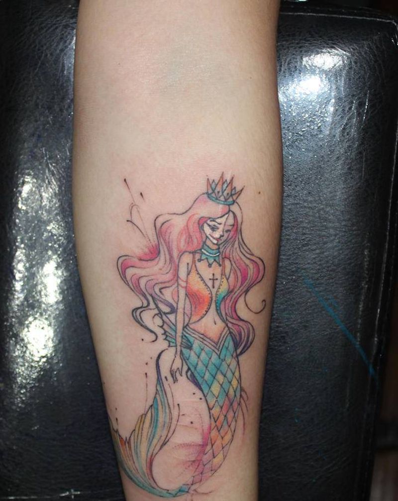 水彩小丑人鱼纹身图片_手臂水彩New School人鱼遮盖纹身图案