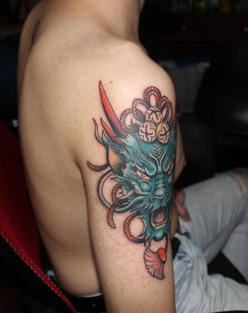 龙头纹身图片_手臂新传统New School龙头彩色纹身图案