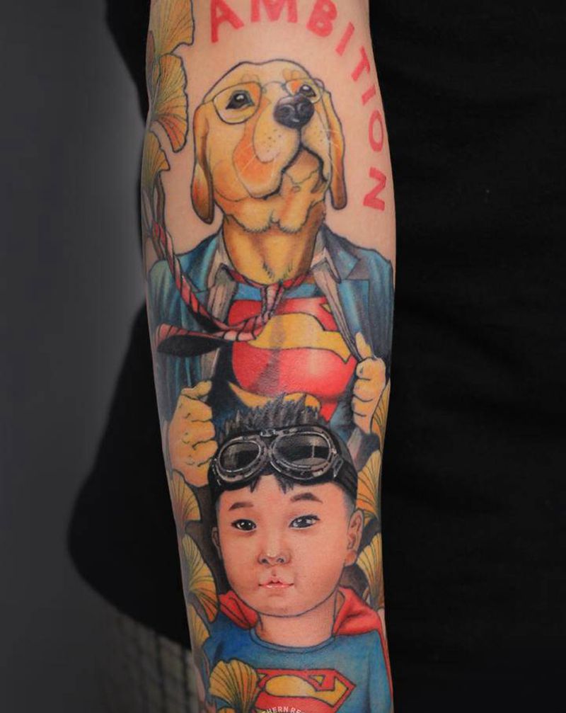 超级英雄纹身图片_手臂New School狗狗孩子纹身图案