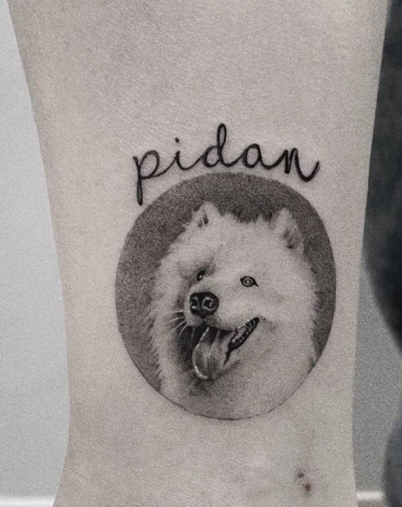 宠物肖像纹身图片_腿部欧美写实纹身图案