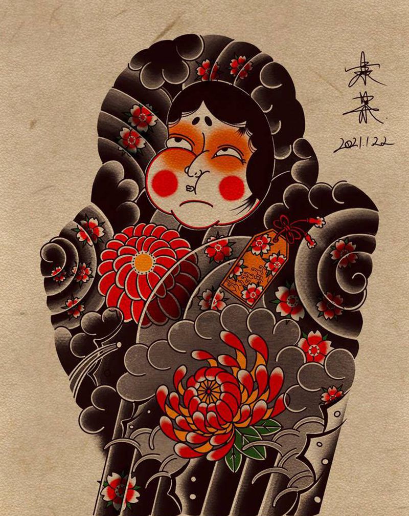 老传统七分袖纹身图片_手臂老传统能面日式菊花纹身图案