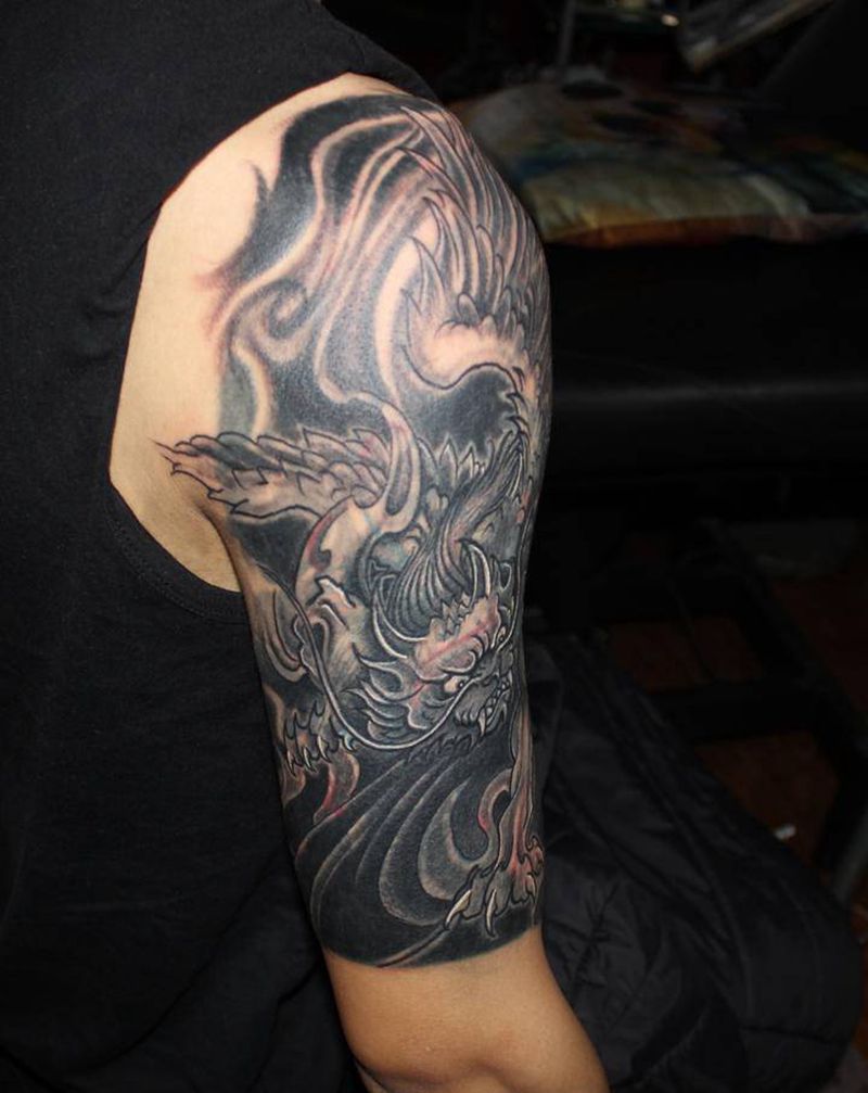 貔貅遮盖纹身图片_手臂新传统老传统貔貅遮盖传统纹身图案