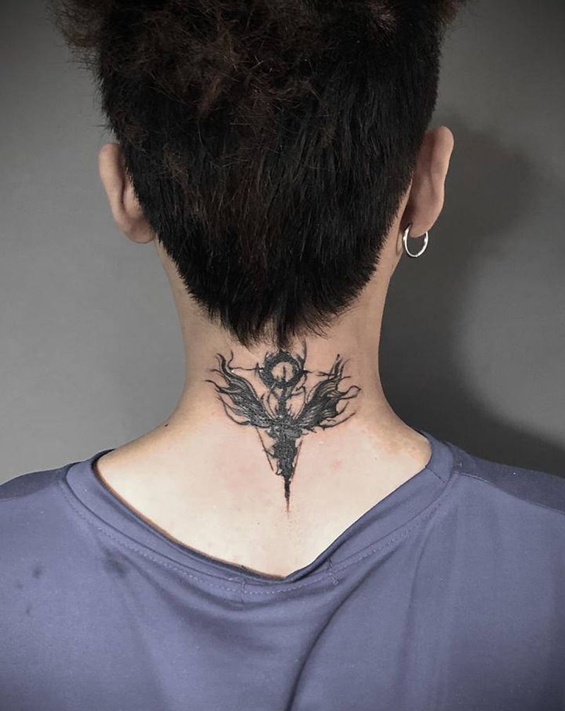 天使纹身图片_颈部遮盖脖子翅膀纹身图案