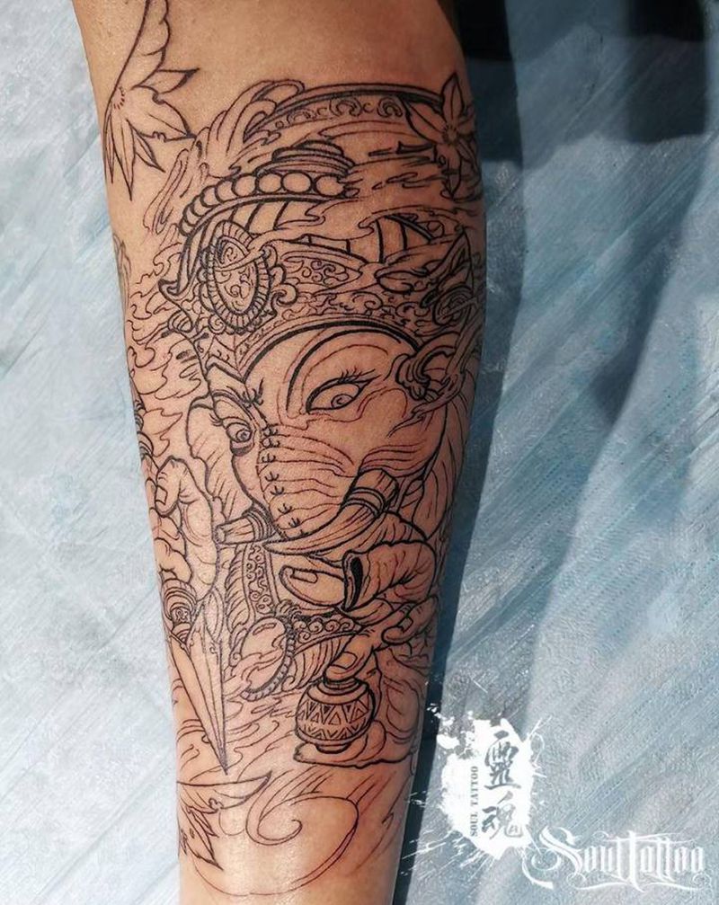 象神纹身图片_腿部新传统纹身图案