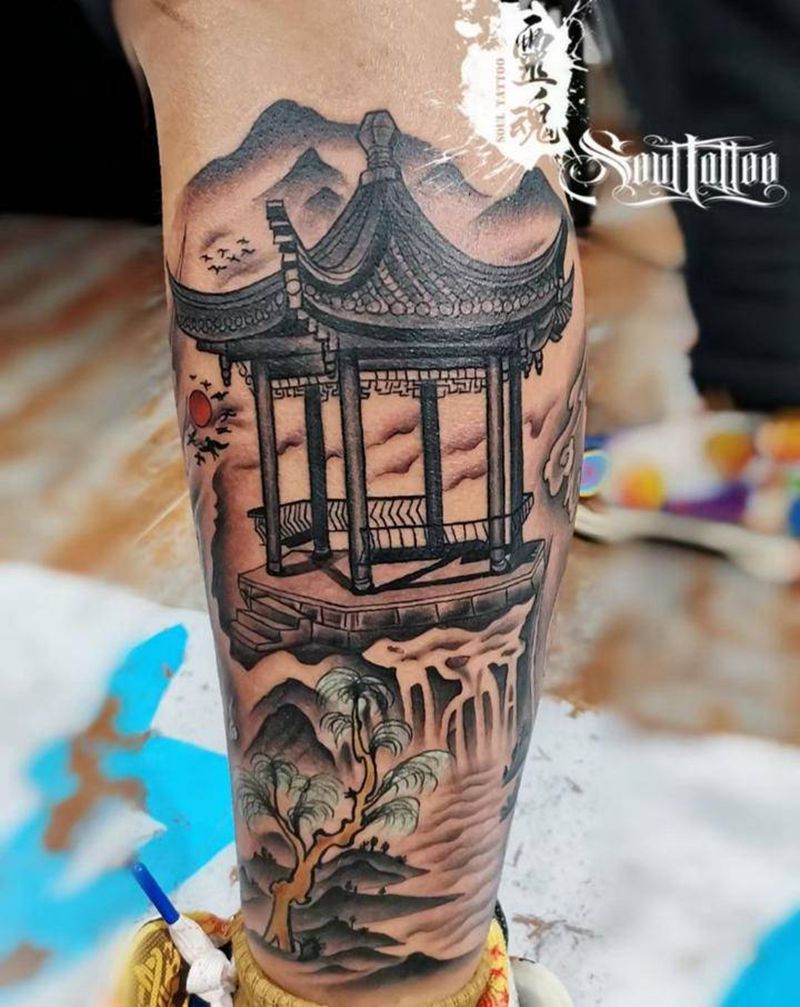 山水华庭纹身图片_腿部水墨水彩纹身图案