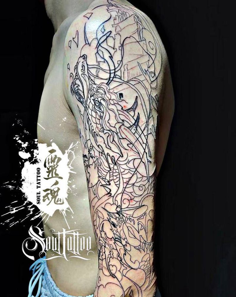 龙纹身图片_手臂新传统水墨龙纹身图案