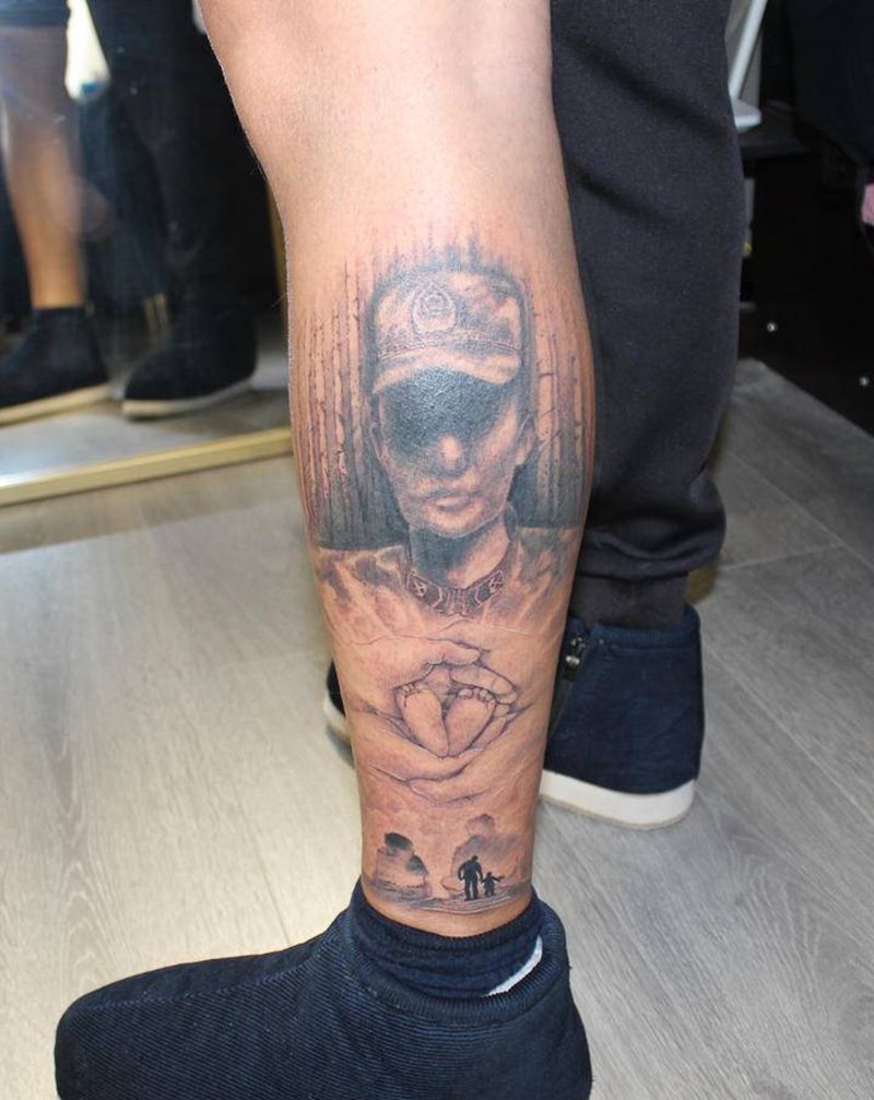 退伍生娃写实小腿纹身图片_腿部欧美写实水墨写实肖像电影纹身图案