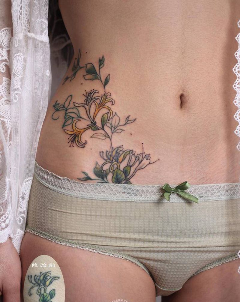 金银花纹身图片_腰部金银花修改遮盖纹身图案