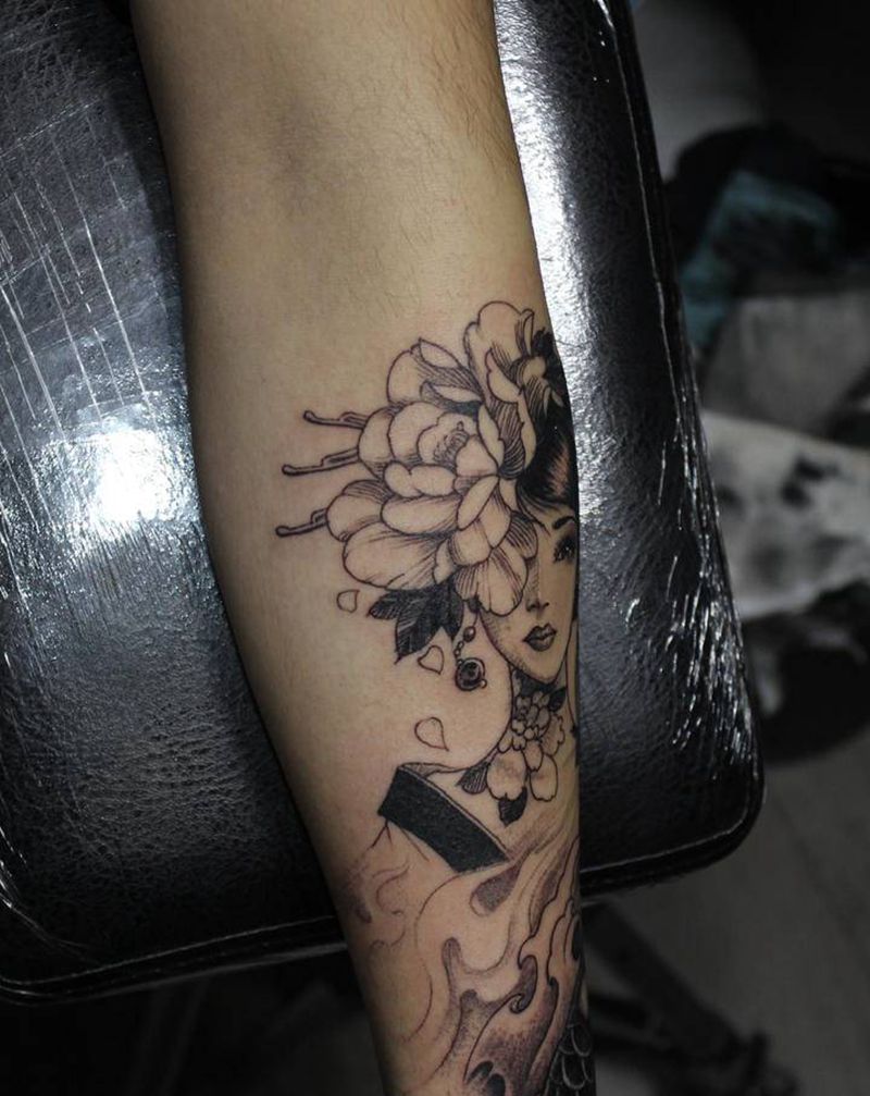 艺伎纹身图片_手臂新传统老传统艺伎古装人物纹身图案