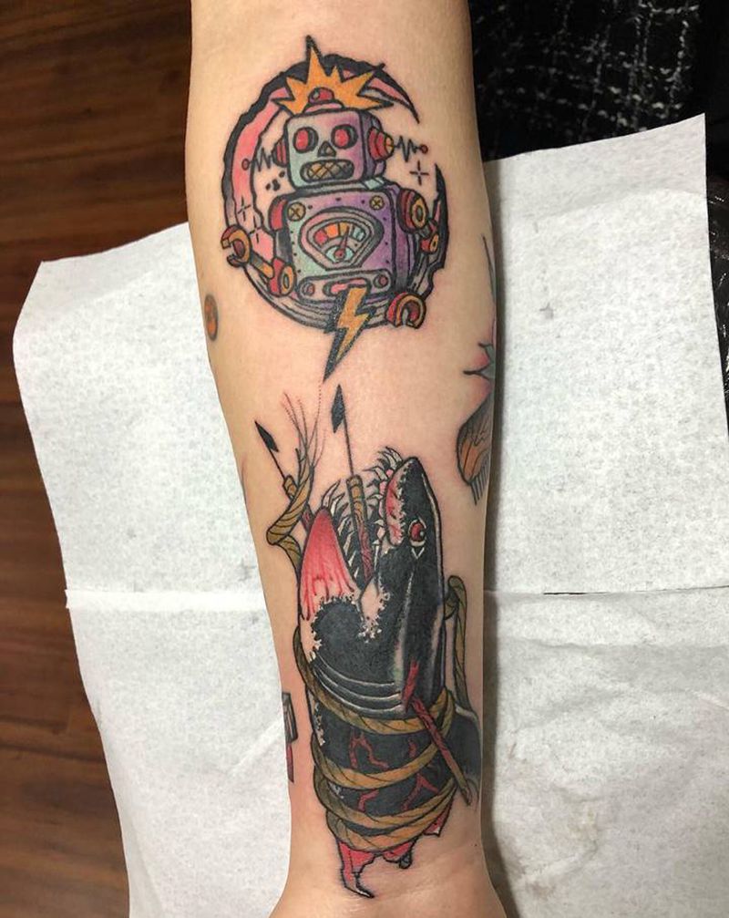 鲨鱼遮盖纹身图片_手臂Old SchoolOld school遮盖原创纹身图案