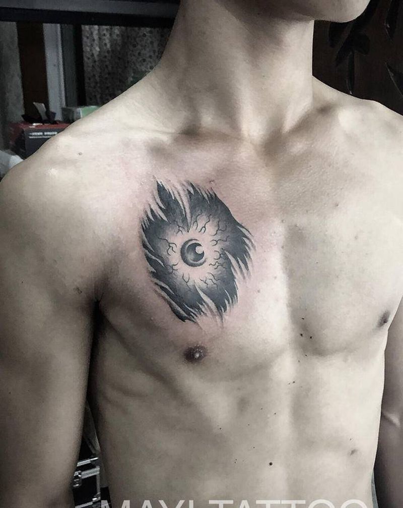 暗黑系纹身图片_胸部眼睛暗黑胸口纹身图案
