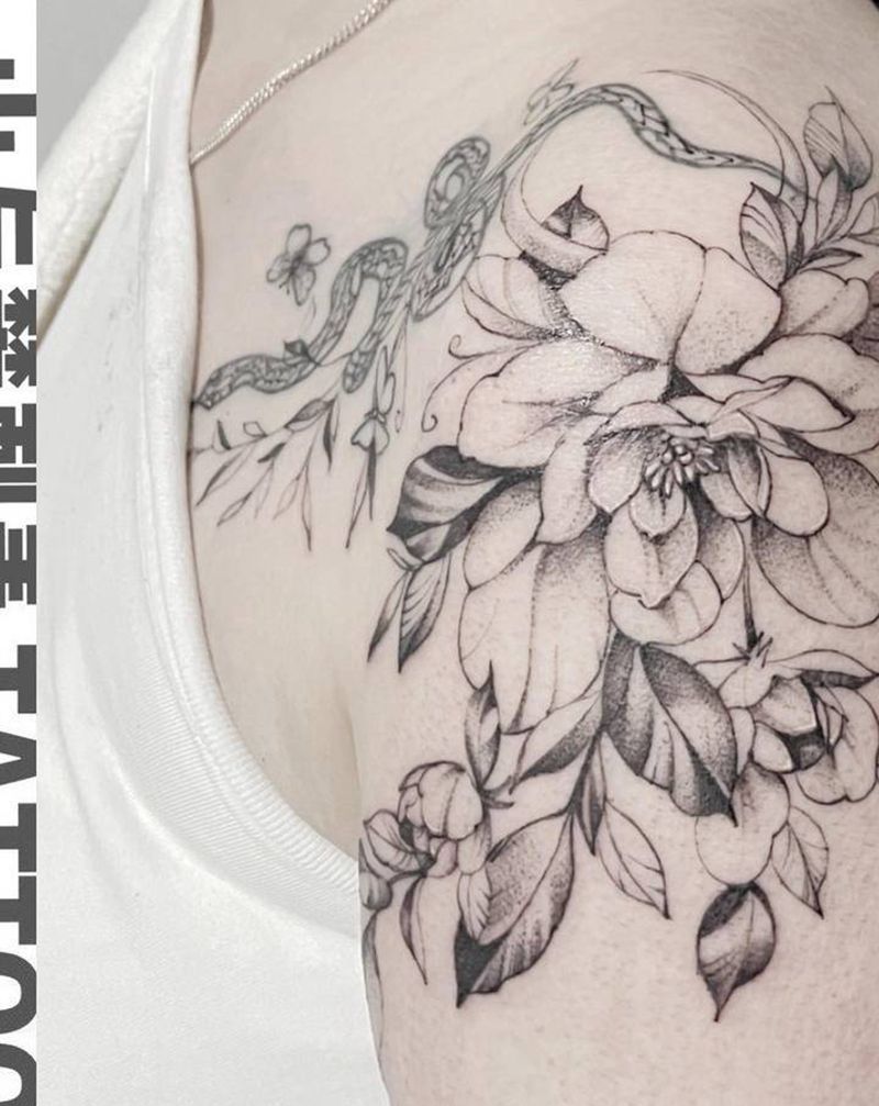 素花添加纹身图片_肩部素花肩膀小清新纹身图案