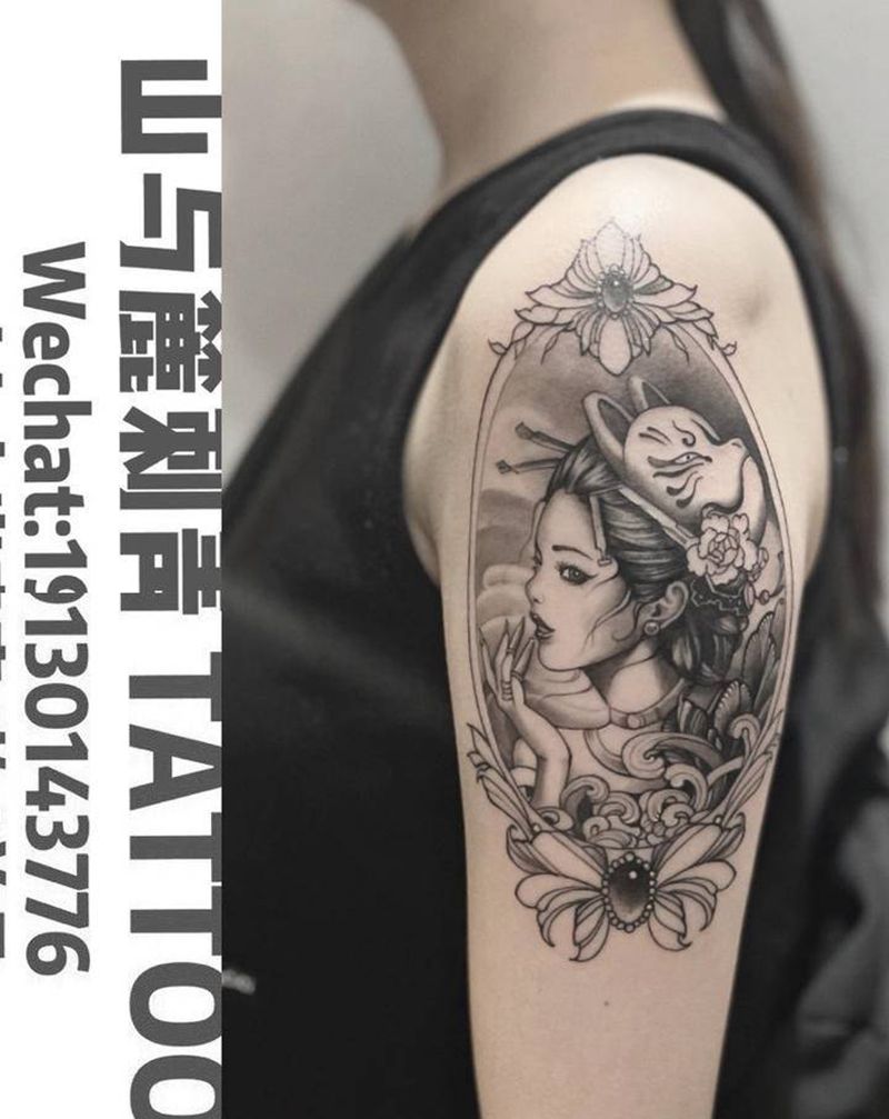 艺妓纹身图片_手臂老传统艺妓镜子纹身图案