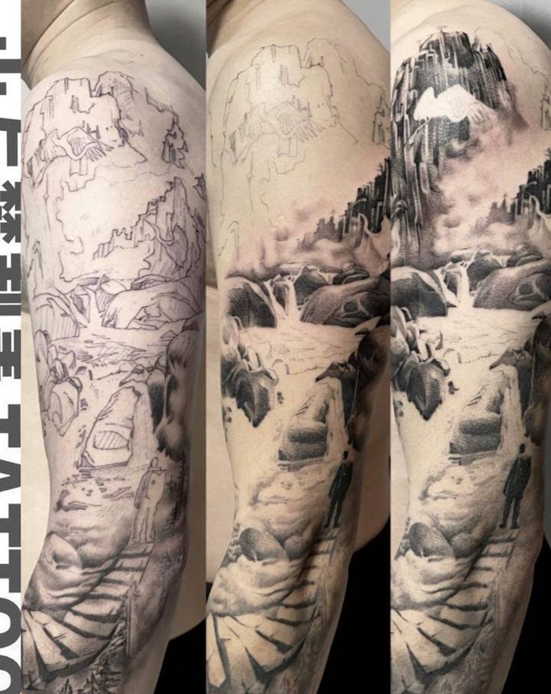 黑灰写实山水纹身图片_手臂欧美写实山水七分袖花臂纹身图案