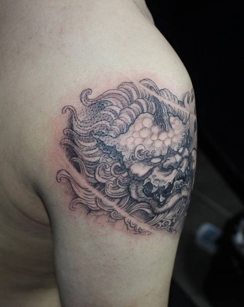 新传统唐狮纹身图片_手臂肩部新传统New School唐狮新传统传统纹身图案