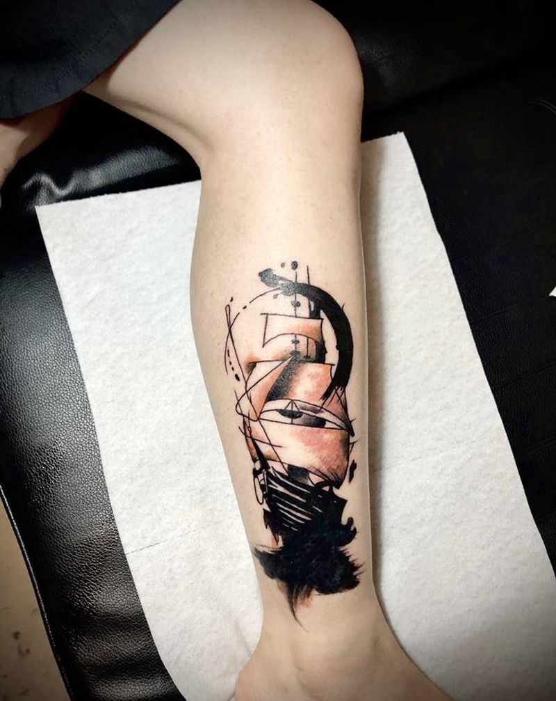 遮盖纹身图片_腿部脚部水彩水墨帆船脚踝船纹身图案