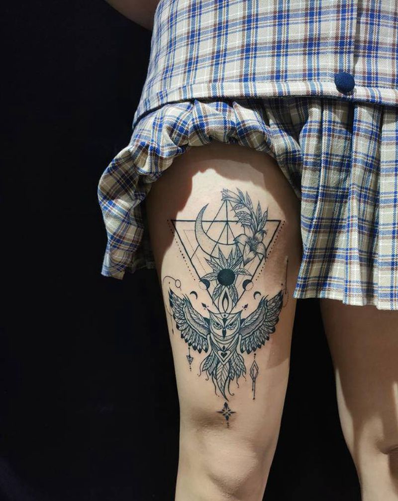 猫头鹰纹身图片_腿部点刺纹身图案