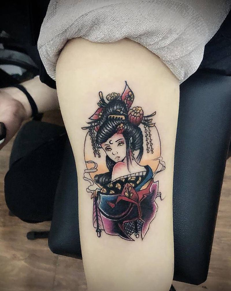 遮盖纹身图片_手臂水彩New School艺伎女人大臂纹身图案