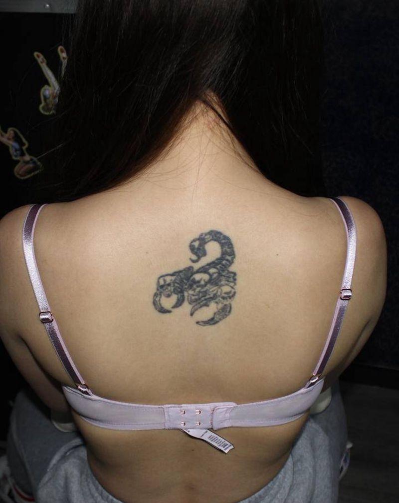 蓝色妖姬遮盖蝎子纹身图片_背部肩部新传统New School玫瑰遮盖纹身图案