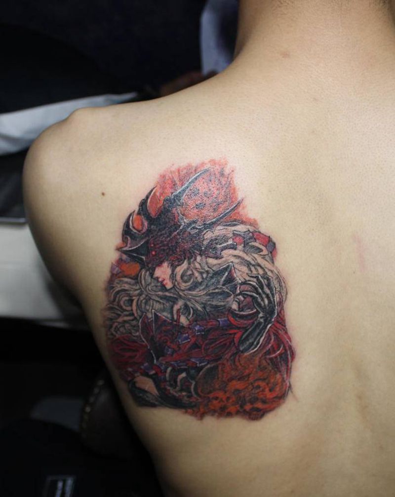 地下城遮盖凤凰图腾纹身图片_背部肩部New School新传统地下城遮盖游戏纹身图案
