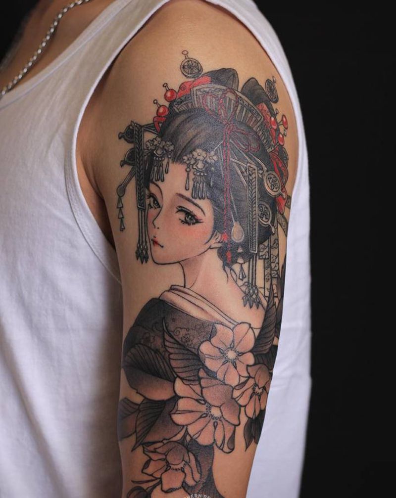 恬静纹身图片_手臂新传统艺妓南录刺青纹身图案