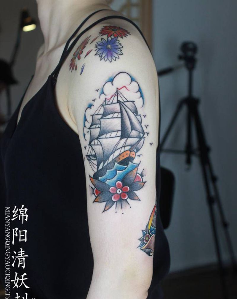 帆船，鲸鱼纹身图片_手臂New School纹身图案