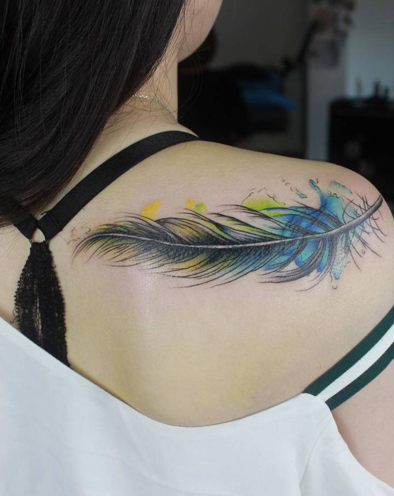 羽毛纹身图片_腿部手部纹身图案