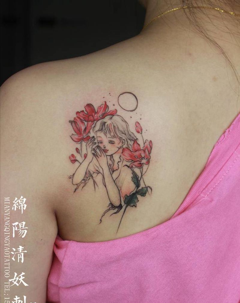唯美插画人物纹身图片_肩部水彩纹身图案