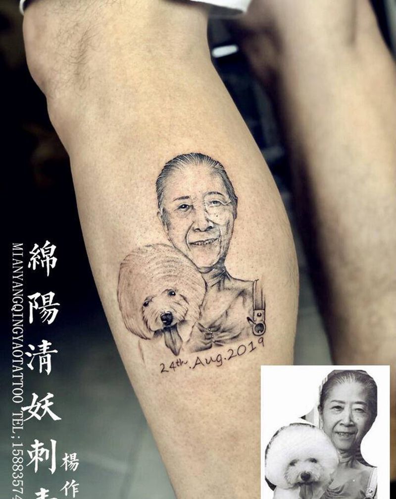 人物肖像纹身图片_腿部欧美写实纹身图案