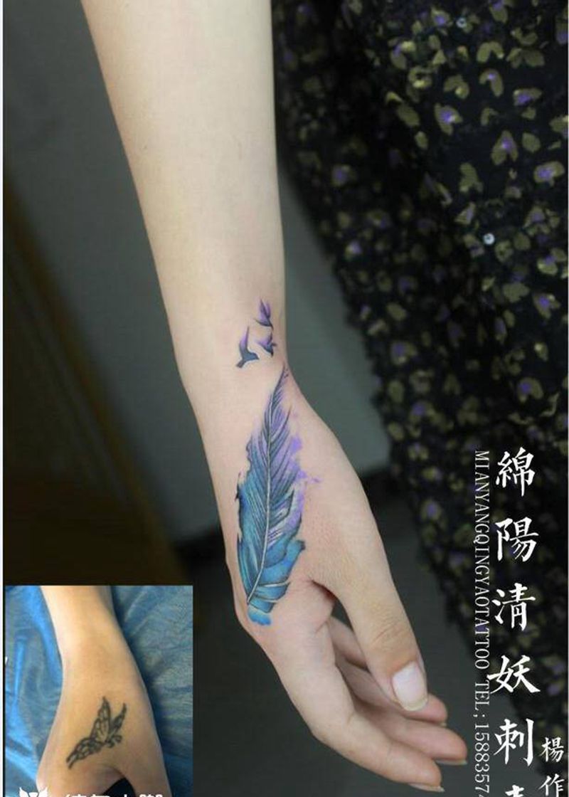 羽毛纹身图片_手部水彩纹身图案