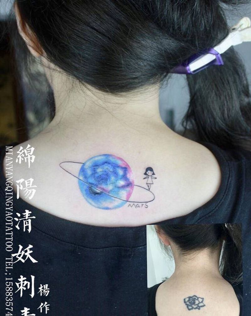 星球纹身图片_颈部水彩纹身图案