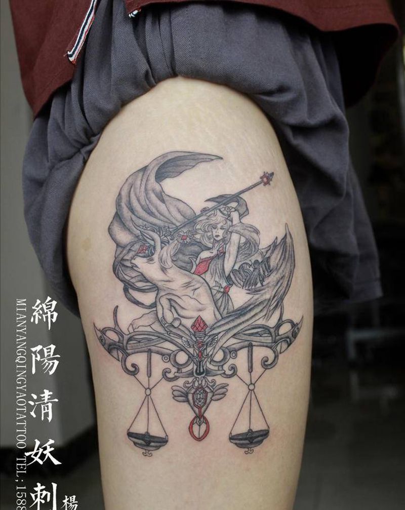 两个星座纹身图片_腿部水彩纹身图案